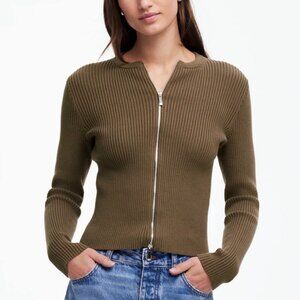 Madewell Olive Green Zip-Front Ribbed Cardigan Sweater